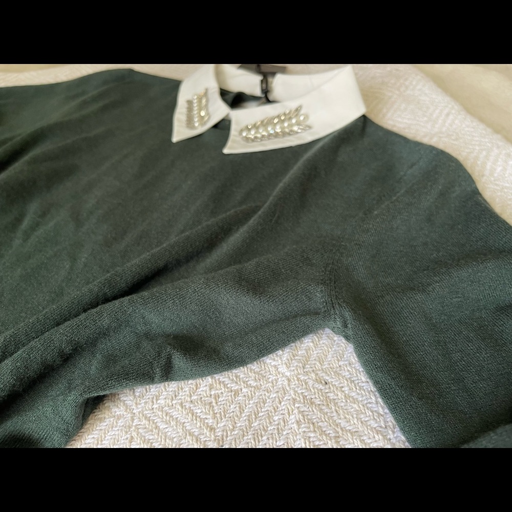 NWT Milano Army Green Rhinestone Pearl Collar Sweater Medium